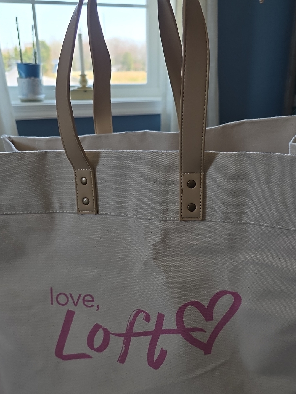 LOFT Canvas Tote in Cream with Pink Logo and Tan Handles